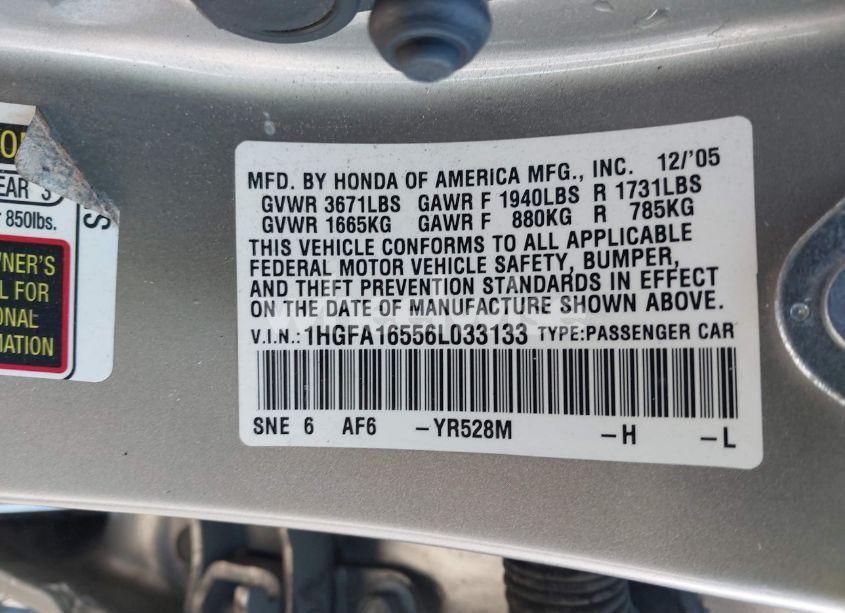 Photo 9 of 2006 Honda Civic LX (VIN 1HGFA16556L033133)