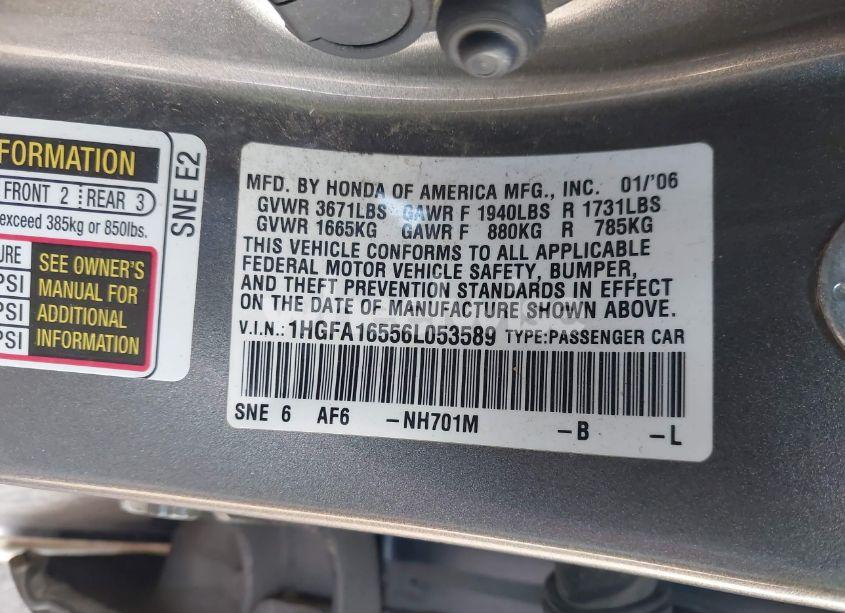 Photo 9 of 2006 Honda Civic LX (VIN 1HGFA16556L053589)