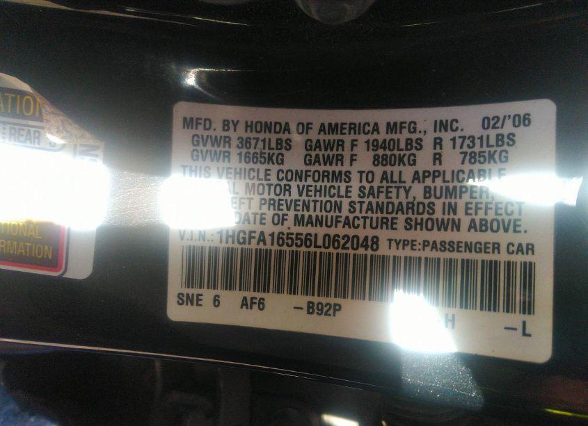 Photo 9 of 2006 Honda Civic LX (VIN 1HGFA16556L062048)