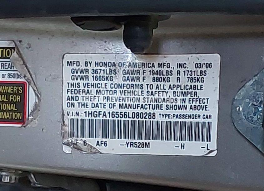 Photo 9 of 2006 Honda Civic LX (VIN 1HGFA16556L080288)