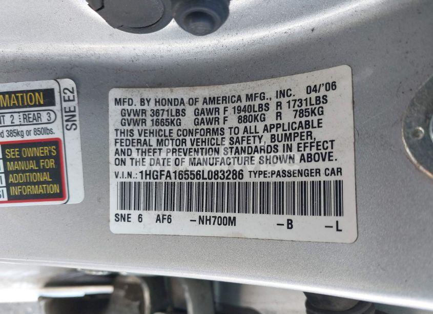 Photo 9 of 2006 Honda Civic LX (VIN 1HGFA16556L083286)