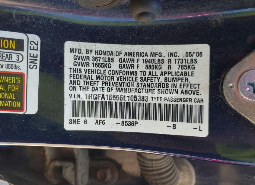 Photo 9 of 2006 Honda Civic LX (VIN 1HGFA16556L105383)