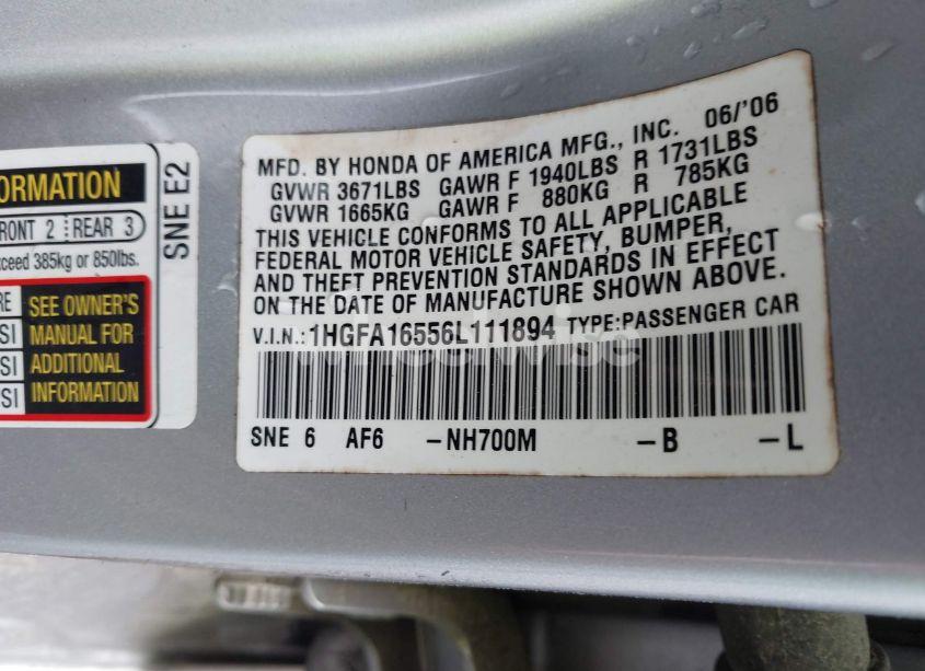 Photo 9 of 2006 Honda Civic LX (VIN 1HGFA16556L111894)