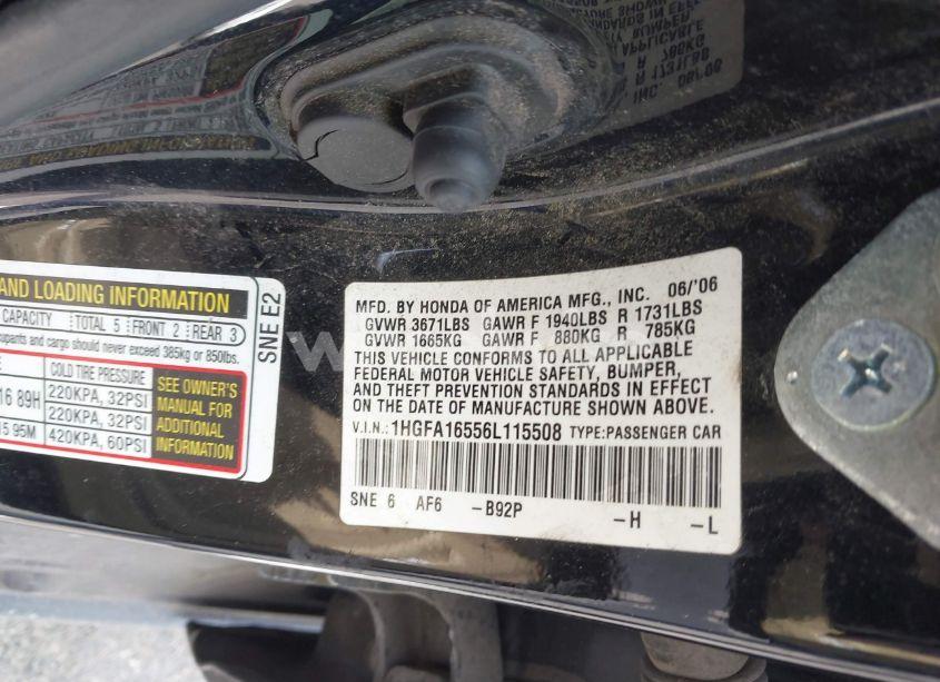 Photo 9 of 2006 Honda Civic LX (VIN 1HGFA16556L115508)