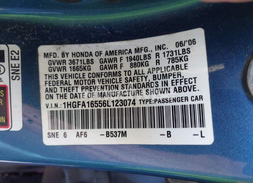 Photo 9 of 2006 Honda Civic LX (VIN 1HGFA16556L123074)