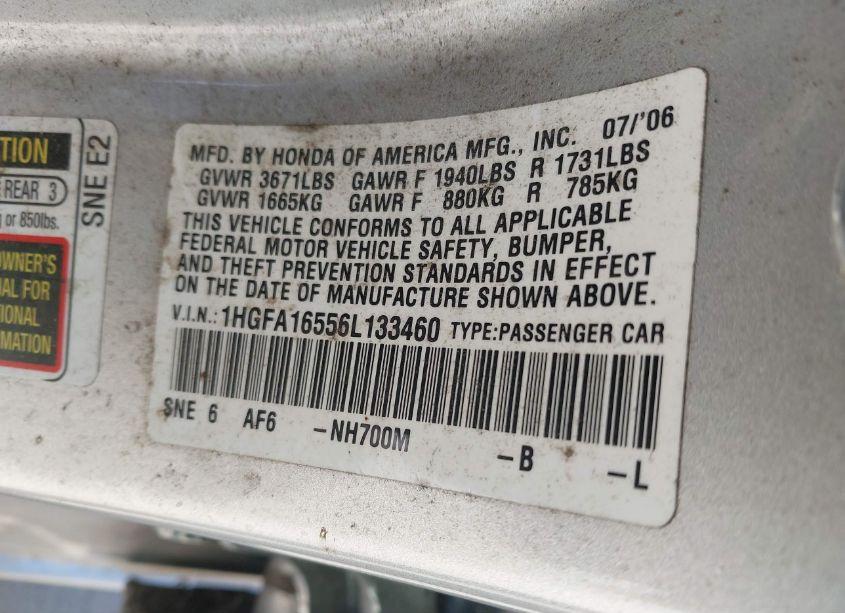 Photo 9 of 2006 Honda Civic LX (VIN 1HGFA16556L133460)