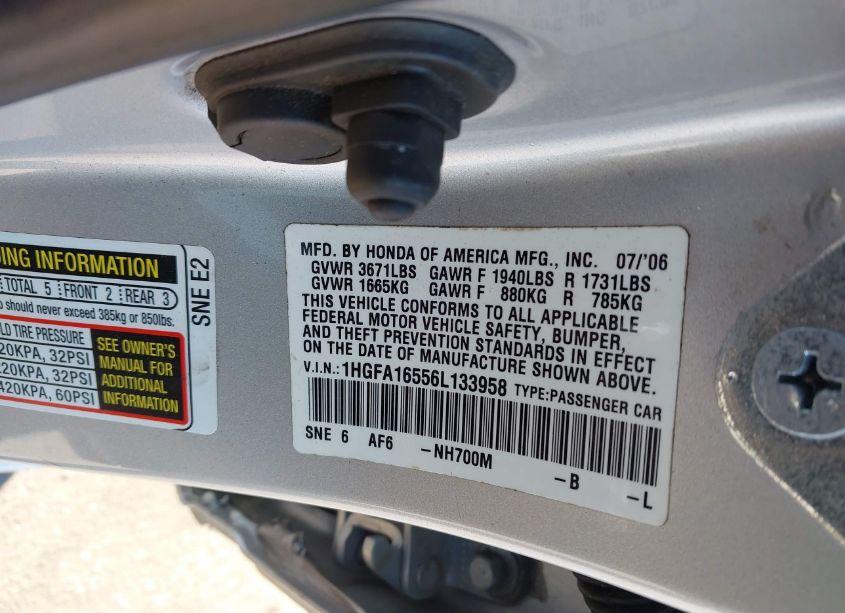 Photo 9 of 2006 Honda Civic LX (VIN 1HGFA16556L133958)