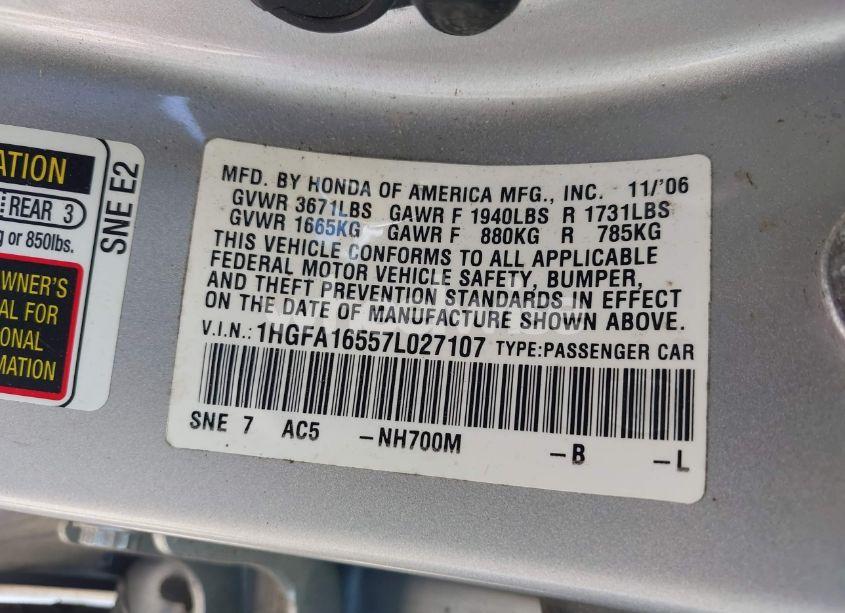 Photo 9 of 2007 Honda Civic LX (VIN 1HGFA16557L027107)