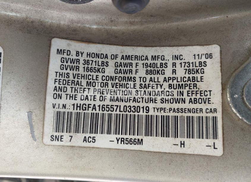 Photo 9 of 2007 Honda Civic LX (VIN 1HGFA16557L033019)