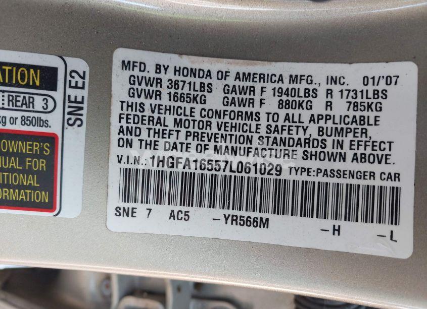 Photo 9 of 2007 Honda Civic LX (VIN 1HGFA16557L061029)