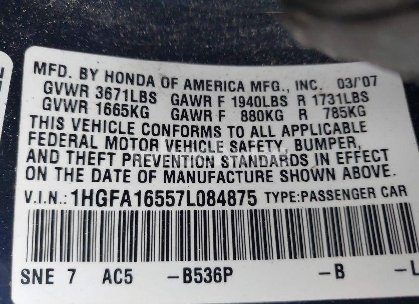 Photo 9 of 2007 Honda Civic LX (VIN 1HGFA16557L084875)