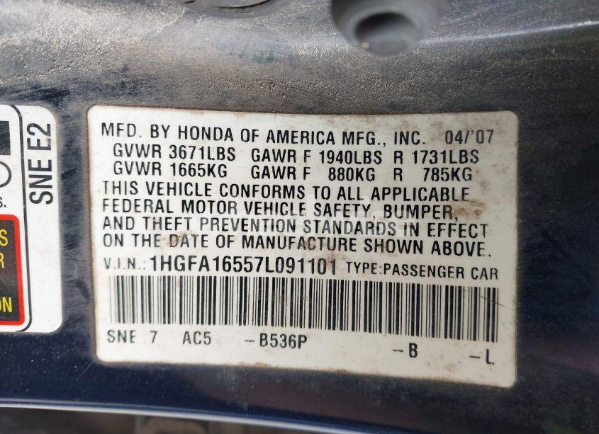 Photo 9 of 2007 Honda Civic LX (VIN 1HGFA16557L091101)