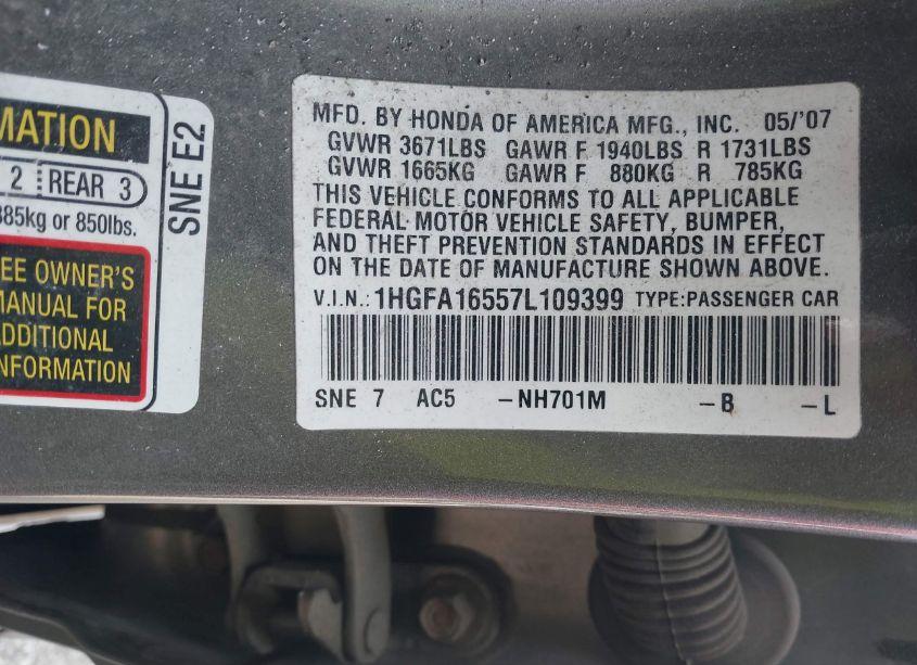 Photo 9 of 2007 Honda Civic LX (VIN 1HGFA16557L109399)