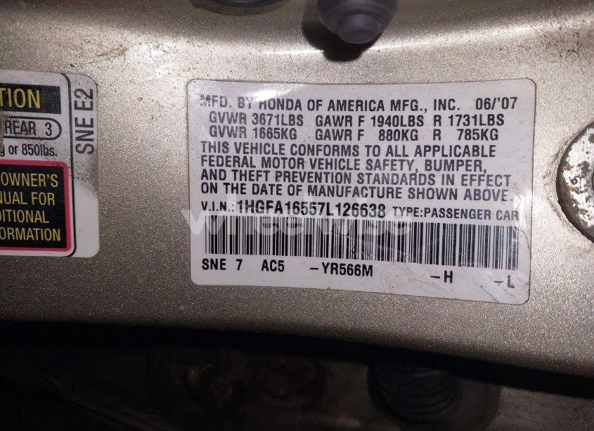 Photo 9 of 2007 Honda Civic LX (VIN 1HGFA16557L126638)