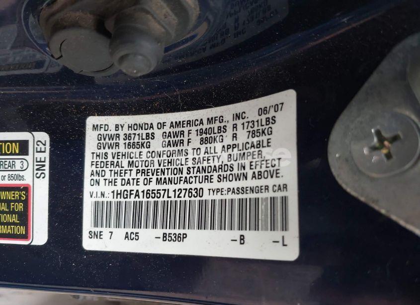 Photo 9 of 2007 Honda Civic LX (VIN 1HGFA16557L127630)