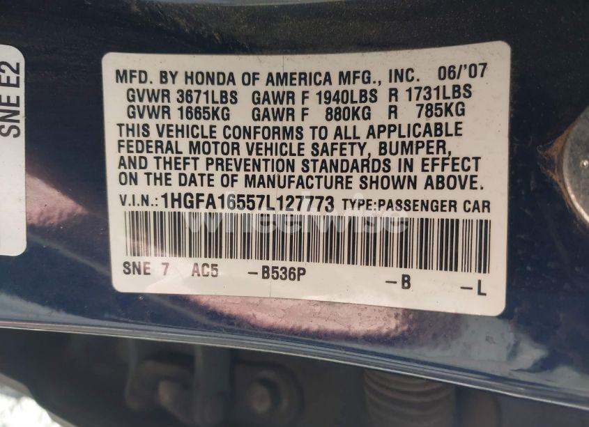 Photo 9 of 2007 Honda Civic LX (VIN 1HGFA16557L127773)