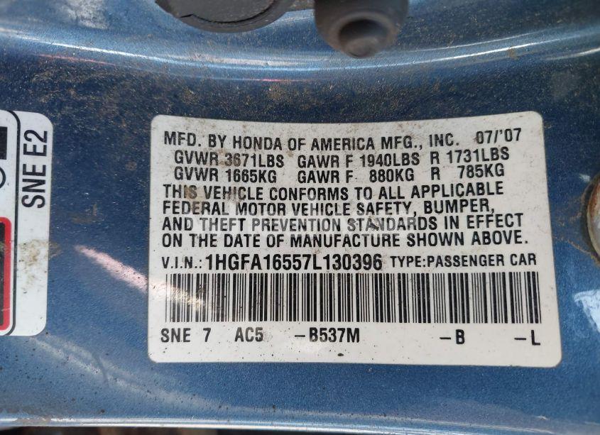 Photo 9 of 2007 Honda Civic LX (VIN 1HGFA16557L130396)