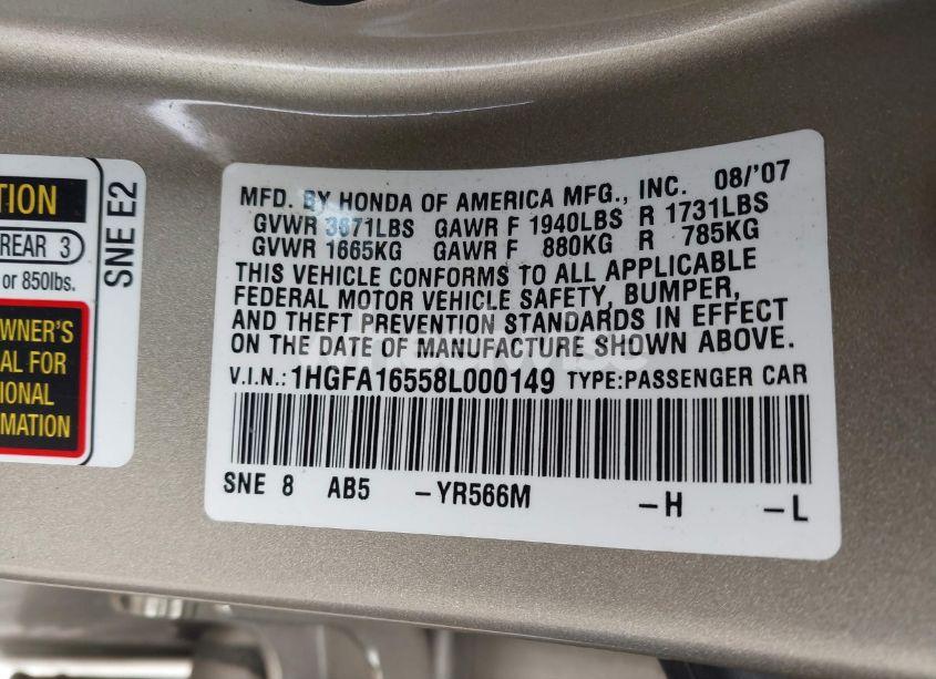 Photo 9 of 2008 Honda Civic LX (VIN 1HGFA16558L000149)