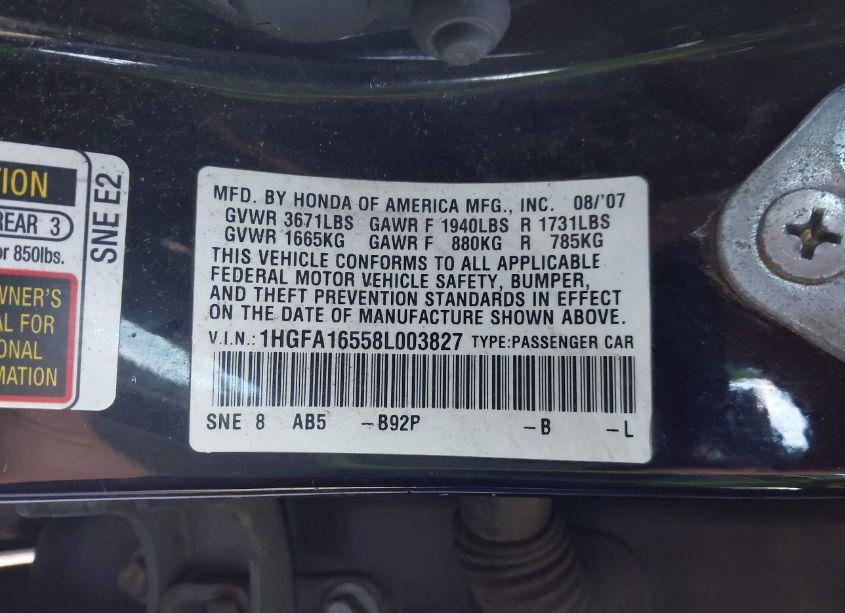 Photo 9 of 2008 Honda Civic LX (VIN 1HGFA16558L003827)
