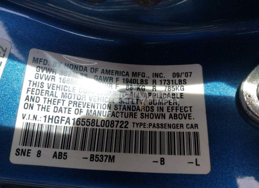 Photo 9 of 2008 Honda Civic LX (VIN 1HGFA16558L008722)