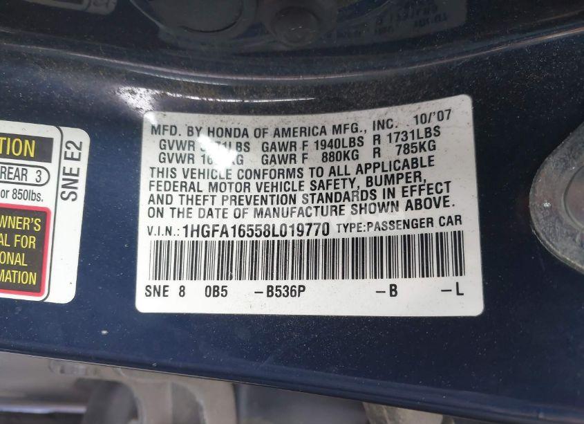 Photo 9 of 2008 Honda Civic LX (VIN 1HGFA16558L019770)