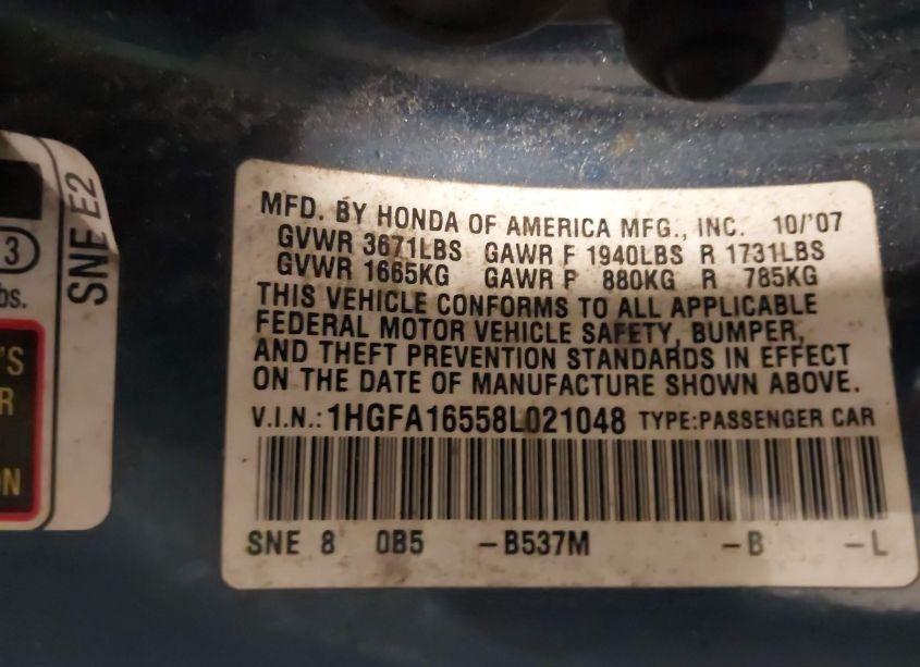 Photo 9 of 2008 Honda Civic LX (VIN 1HGFA16558L021048)
