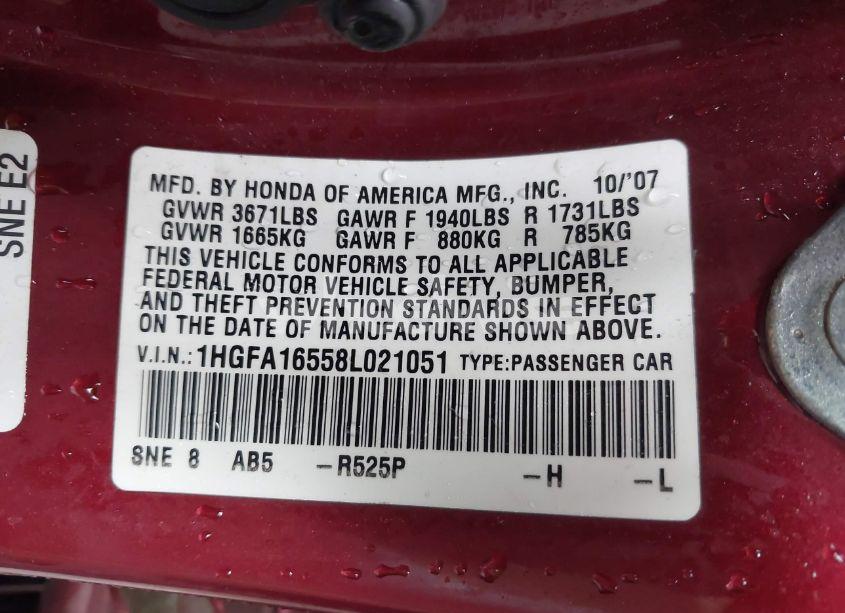 Photo 9 of 2008 Honda Civic LX (VIN 1HGFA16558L021051)