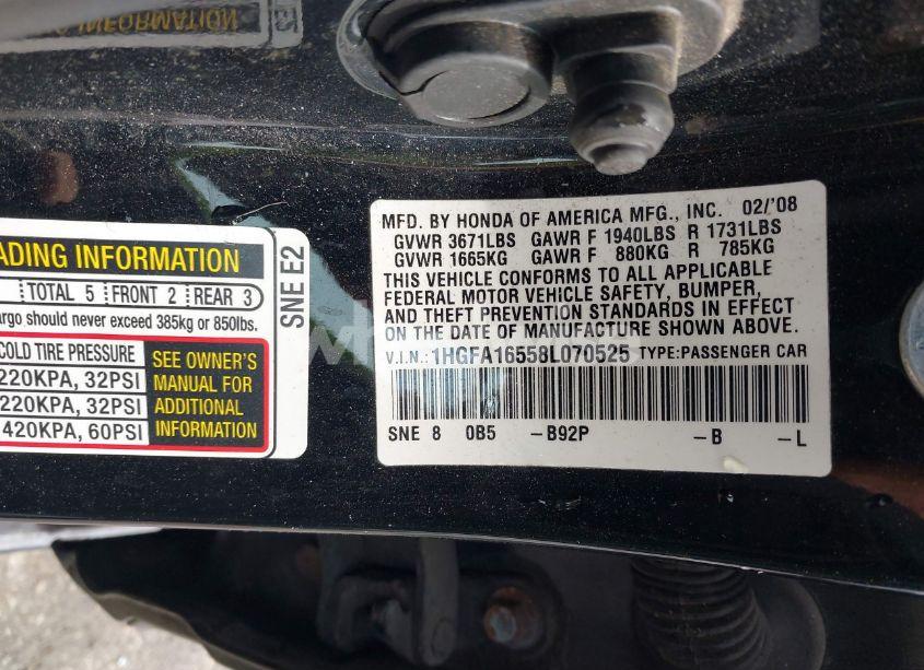 Photo 9 of 2008 Honda Civic LX (VIN 1HGFA16558L070525)
