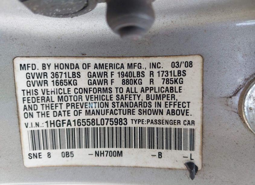 Photo 9 of 2008 Honda Civic LX (VIN 1HGFA16558L075983)