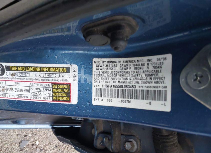 Photo 9 of 2008 Honda Civic LX (VIN 1HGFA16558L083453)
