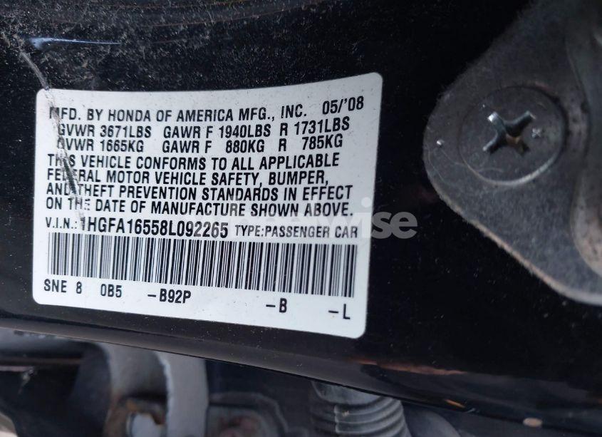 Photo 9 of 2008 Honda Civic LX (VIN 1HGFA16558L092265)