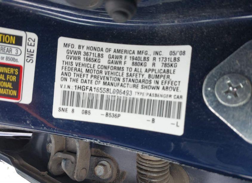 Photo 9 of 2008 Honda Civic LX (VIN 1HGFA16558L096493)