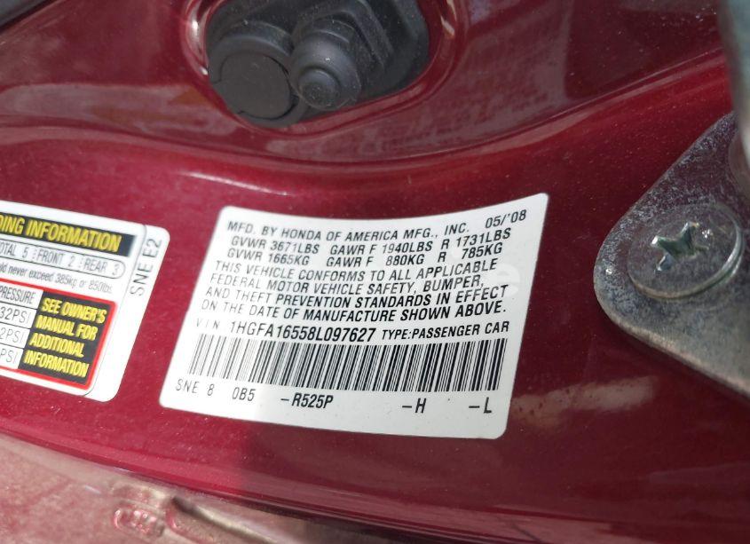 Photo 9 of 2008 Honda Civic LX (VIN 1HGFA16558L097627)