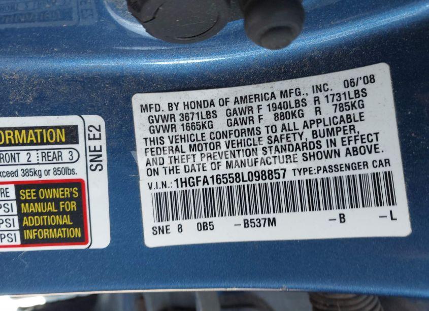 Photo 9 of 2008 Honda Civic LX (VIN 1HGFA16558L098857)