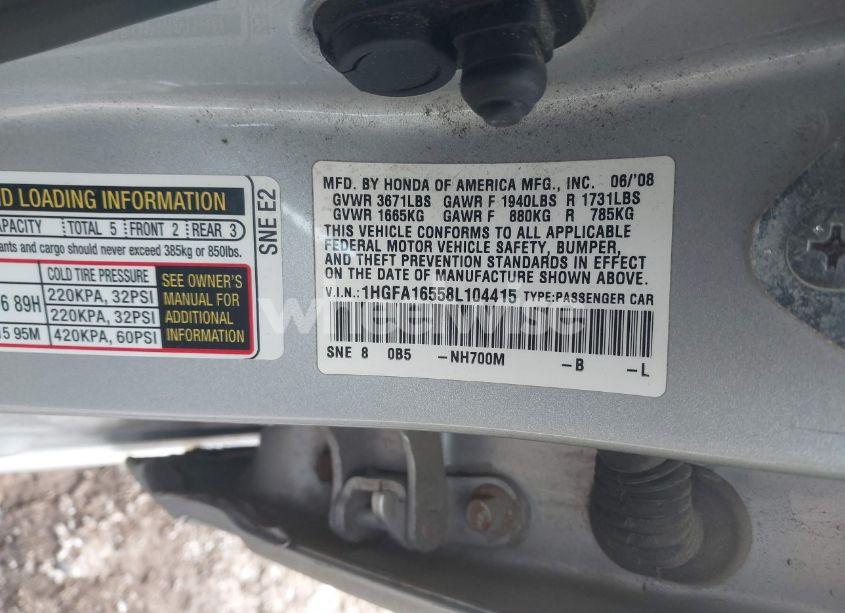 Photo 9 of 2008 Honda Civic LX (VIN 1HGFA16558L104415)