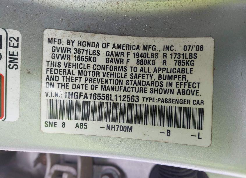 Photo 9 of 2008 Honda Civic LX (VIN 1HGFA16558L112563)