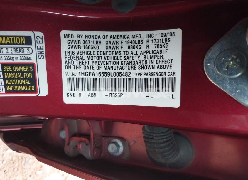 Photo 9 of 2009 Honda Civic LX (VIN 1HGFA16559L005482)