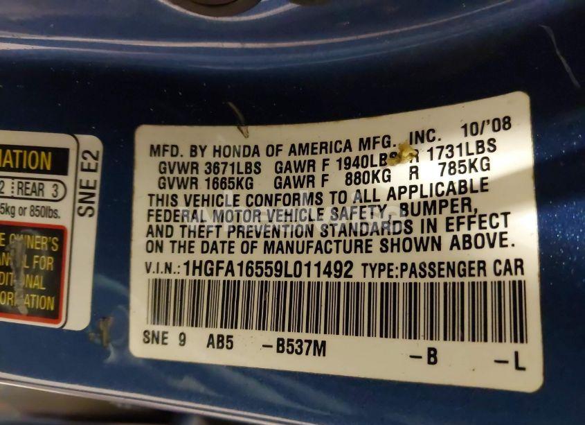 Photo 9 of 2009 Honda Civic LX (VIN 1HGFA16559L011492)