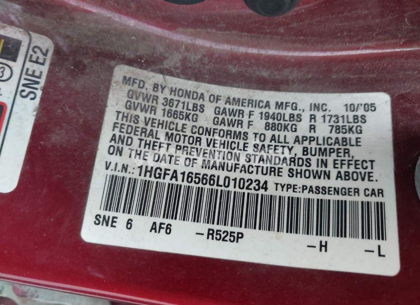 Photo 9 of 2006 Honda Civic LX (VIN 1HGFA16566L010234)