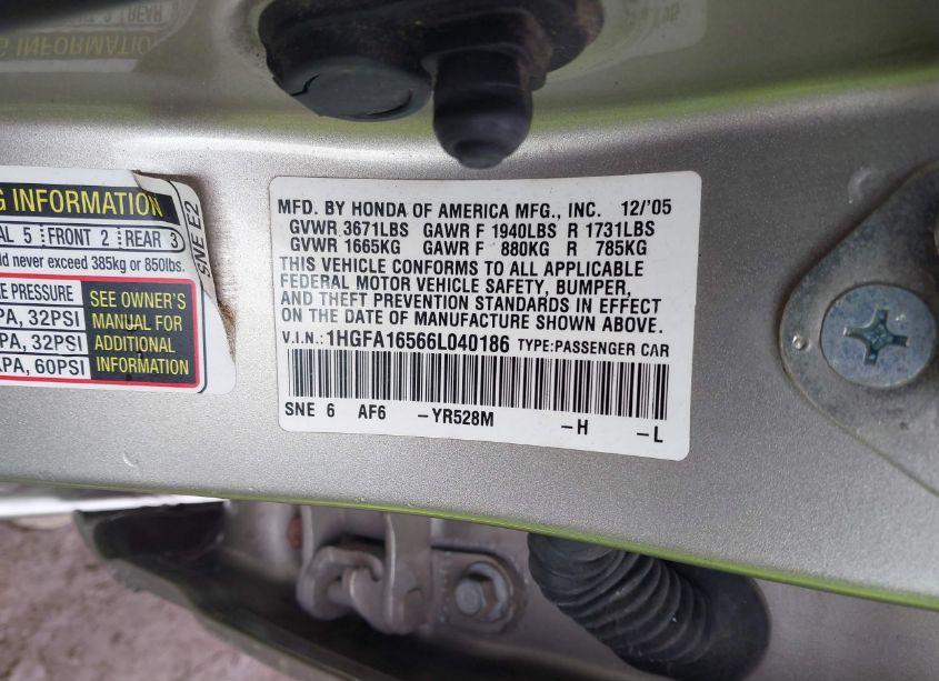 Photo 9 of 2006 Honda Civic LX (VIN 1HGFA16566L040186)