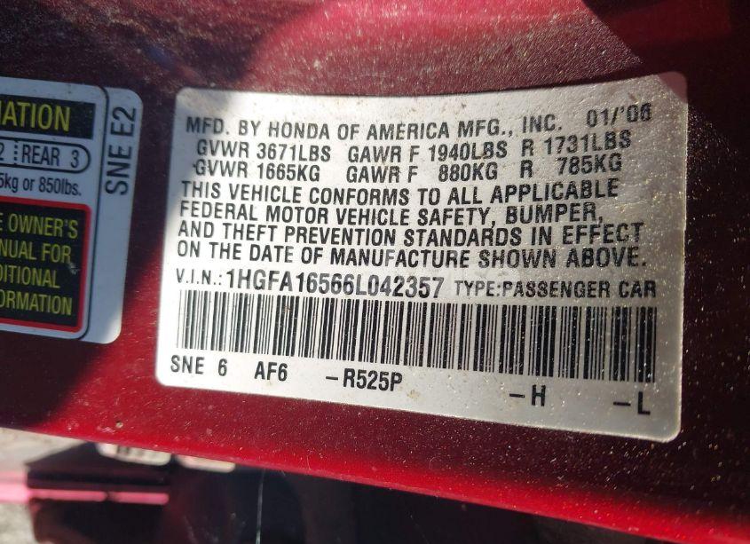 Photo 9 of 2006 Honda Civic LX (VIN 1HGFA16566L042357)