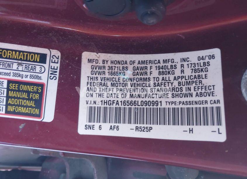 Photo 9 of 2006 Honda Civic LX (VIN 1HGFA16566L090991)