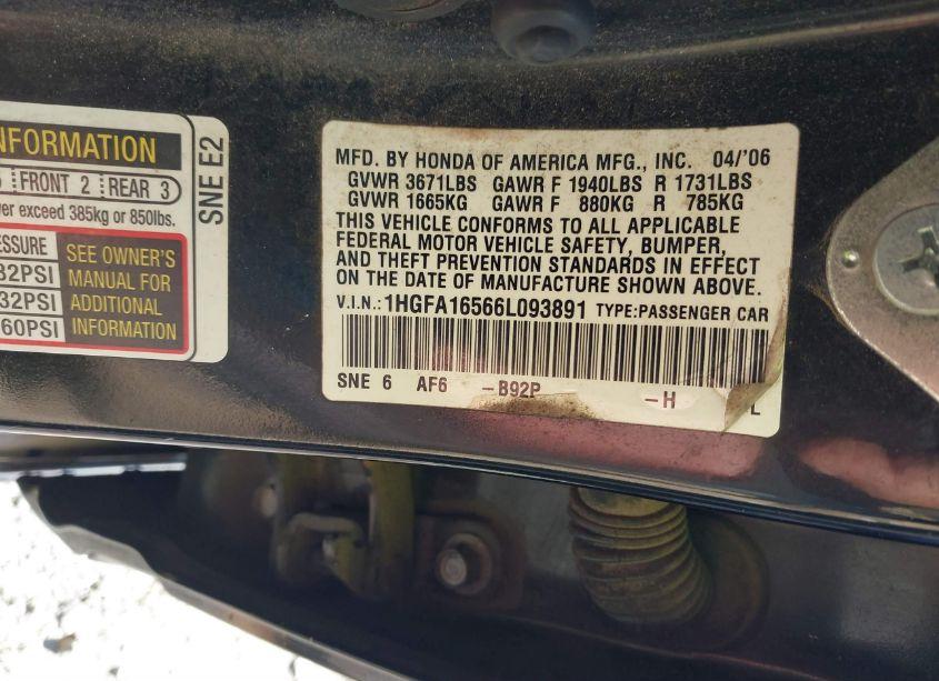 Photo 9 of 2006 Honda Civic LX (VIN 1HGFA16566L093891)
