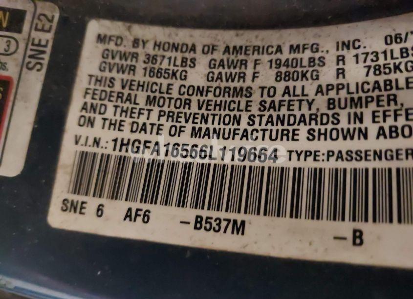 Photo 9 of 2006 Honda Civic LX (VIN 1HGFA16566L119664)