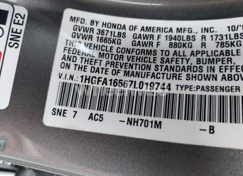 Photo 9 of 2007 Honda Civic LX (VIN 1HGFA16567L019744)