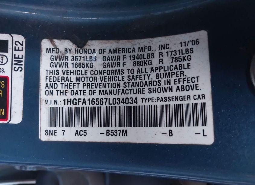 Photo 9 of 2007 Honda Civic LX (VIN 1HGFA16567L034034)