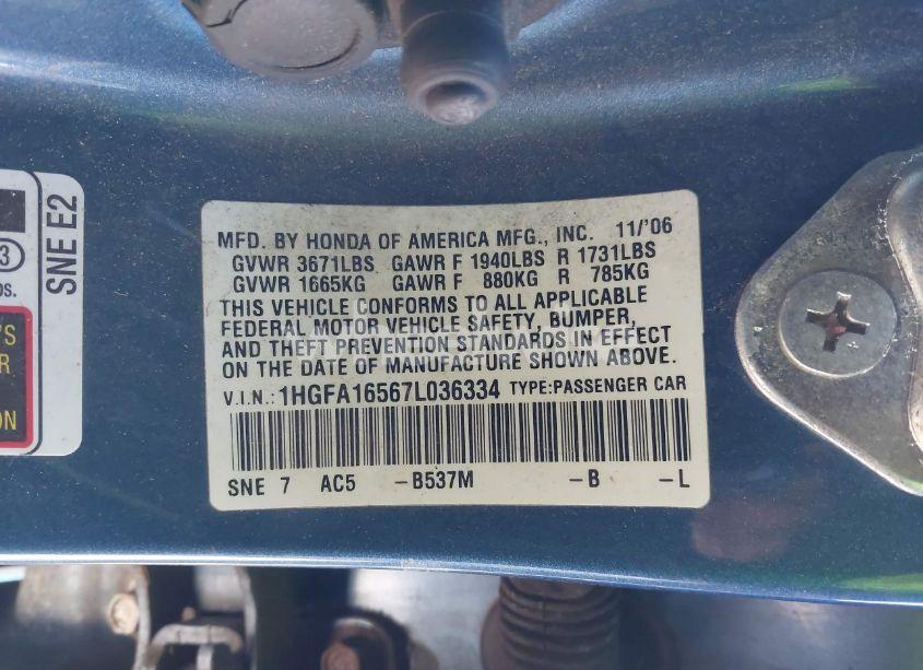 Photo 9 of 2007 Honda Civic LX (VIN 1HGFA16567L036334)
