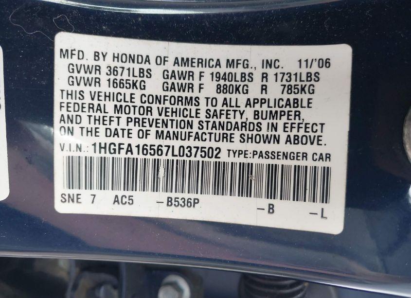 Photo 9 of 2007 Honda Civic LX (VIN 1HGFA16567L037502)