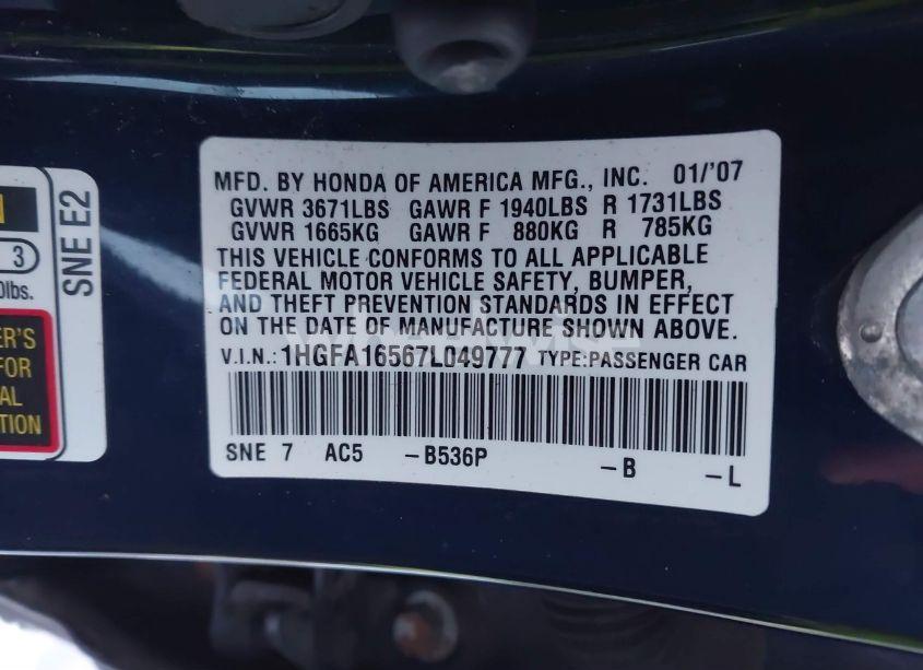 Photo 9 of 2007 Honda Civic LX (VIN 1HGFA16567L049777)