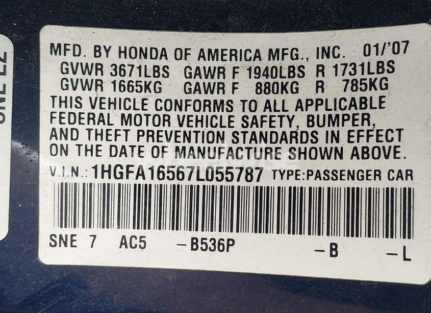 Photo 9 of 2007 Honda Civic LX (VIN 1HGFA16567L055787)